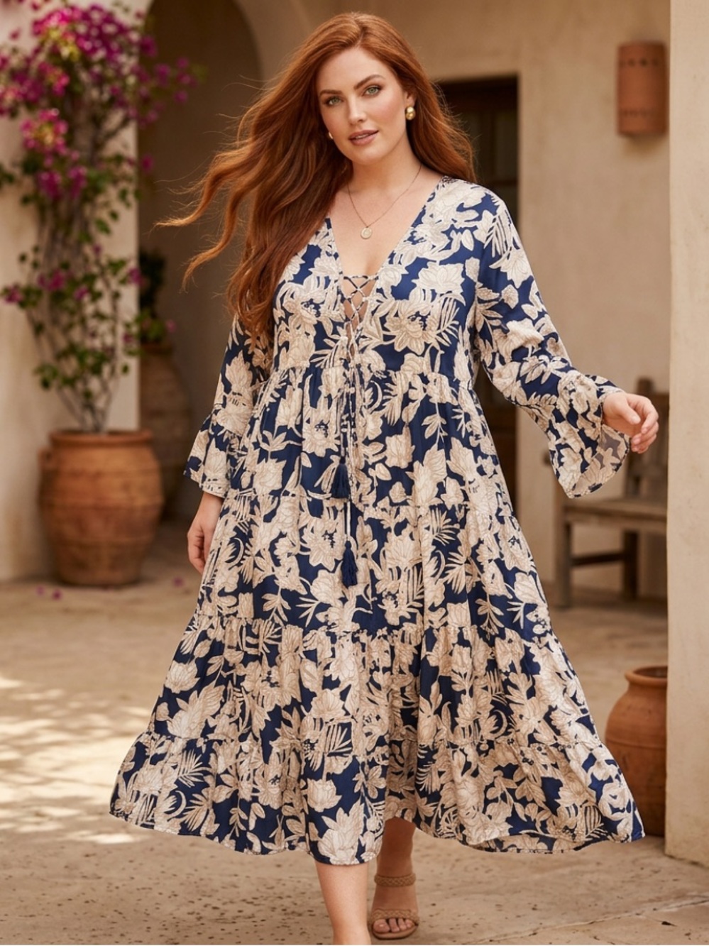 Boho Blue Floral Tiered Midi Dress in Navy and White